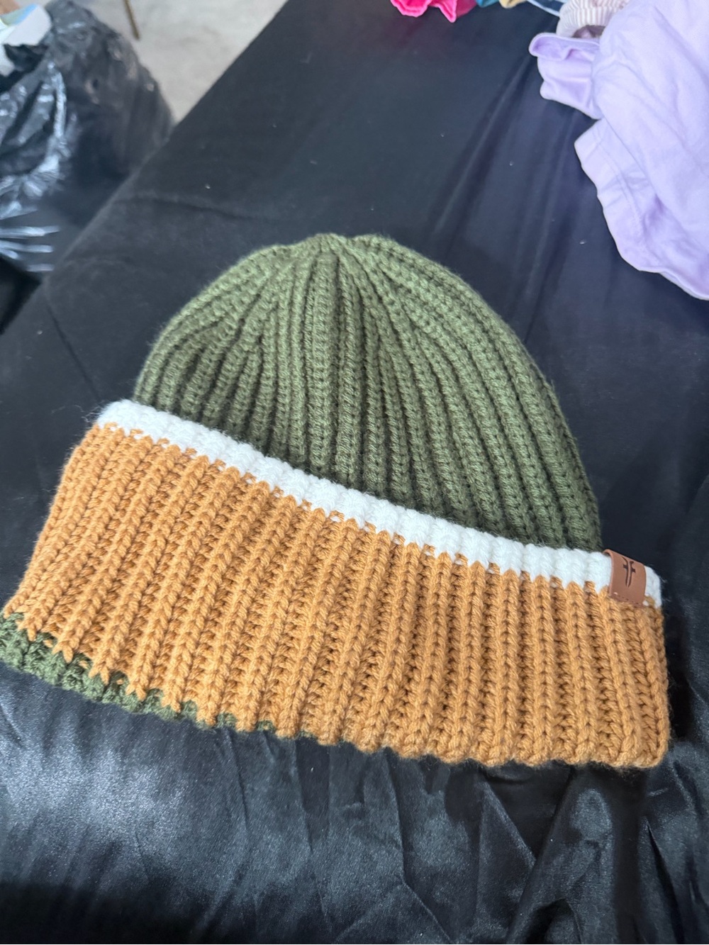 Frye Olive, Mustard & Cream Ribbed Knit Beanie